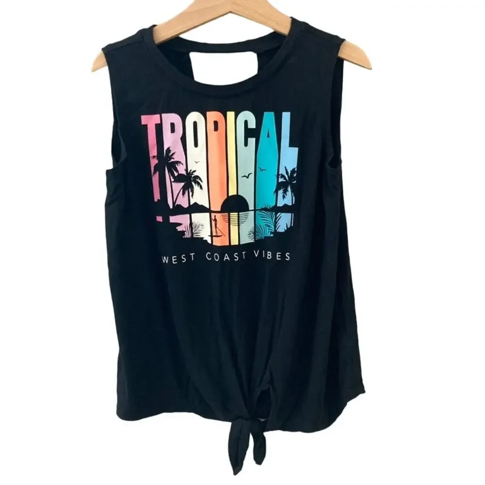 Old Navy Sleeveless Tie Front Tropical Graphic Tee - Black - Small 6/7